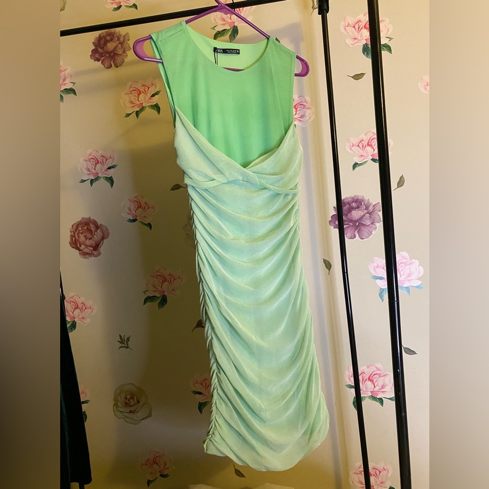 Zara Light Green Draped Midi Dress